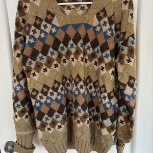 Designer Argyle Patterned Hand Knitted Ladies Sweater - Beige, Blue, Brown
